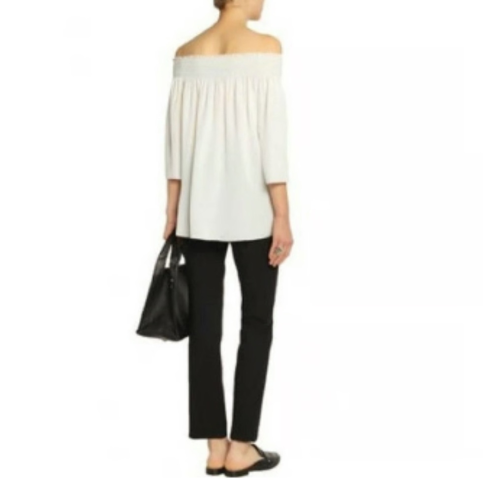 Theory Silk Off The Shoulder Smocked 3/4 Sleeve White Ivory Blouse Size M